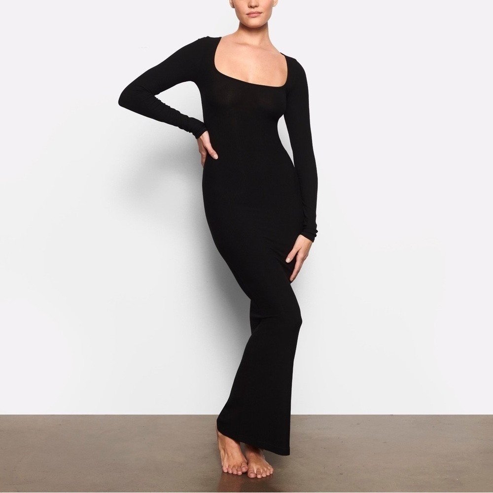 New Skims Ribbed Soft Lounge Dress Long Sleeve Square Neck Maxi Black Sz XS